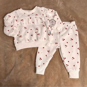 BADGLEY MISCHKA White Cherry Cozy Ruffle Crewneck and Jogger Set - Size 3M to 6M